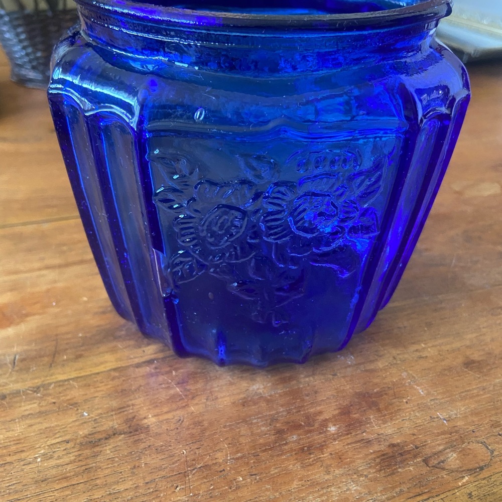 Vintage Anchor Hocking Cobalt Blue Floral Biscuit Jar-No lid